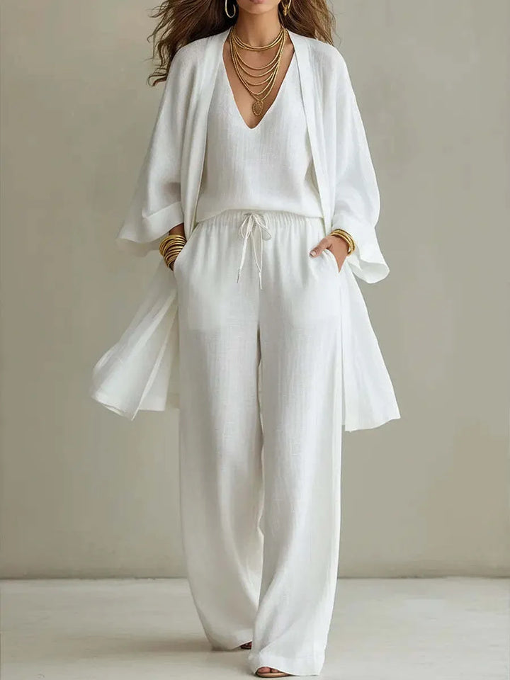 Mari | Women's Three-Piece Set with Open-Front Jacket and Wide-Leg Pants  - Color:White;Size:XS