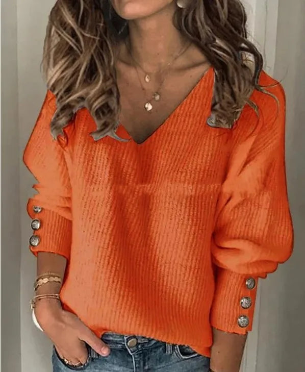 Maribel | Women's Ribbed V-Neck Sweater  - Size:XS;Color:Orange Red
