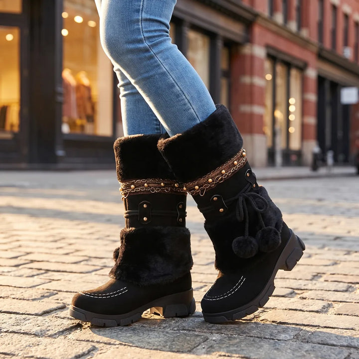 Marigold Fur Trim Boots - Color:Black;Size:35