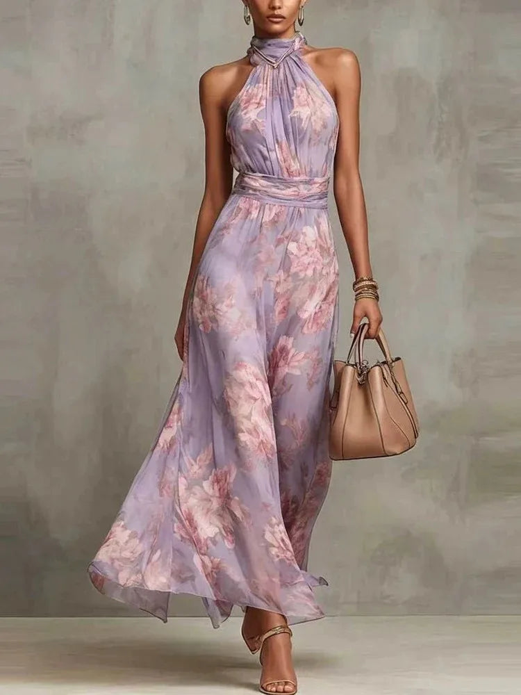 Marina | Women’s Floral Halter Maxi Dress - Color:Light Purple;Size:XS