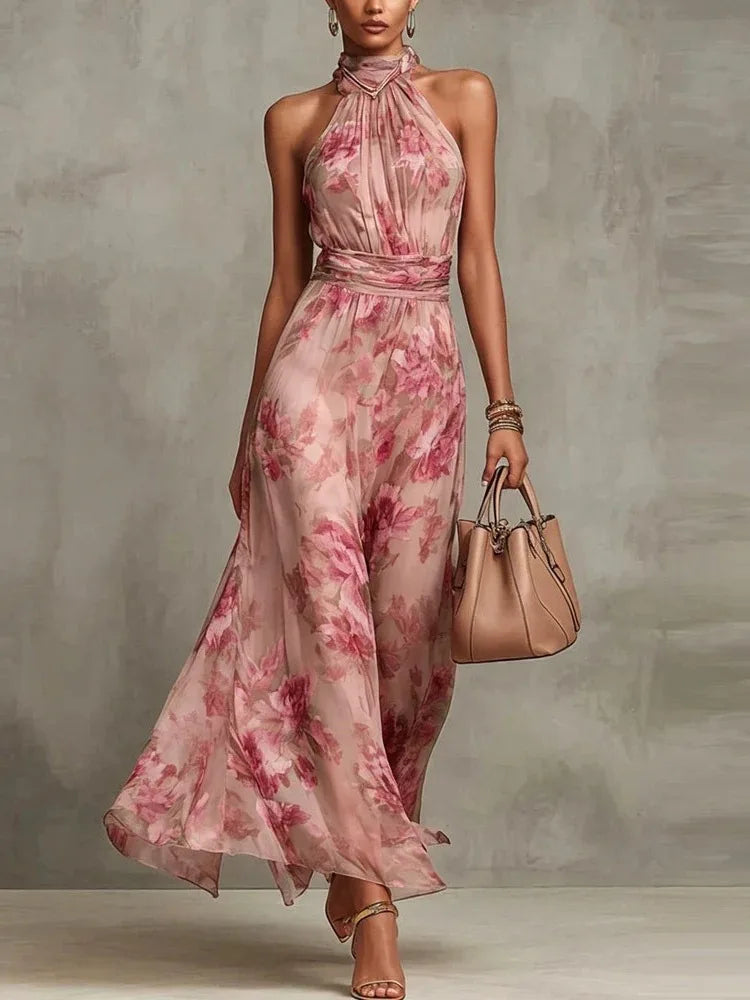 Marina | Women’s Floral Halter Maxi Dress - Color:Pink;Size:XS