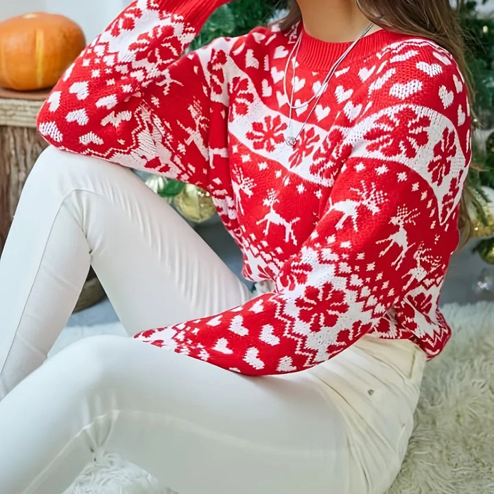 Marlene | Women's Festive Fair Isle Sweater - Color:Red-White;Size:XS
