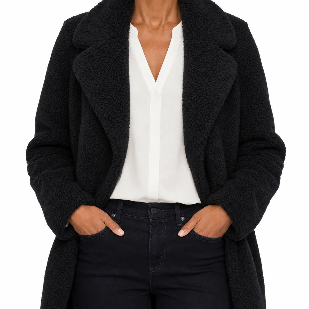 Marlow | Stylish Plush Warm Teddy Coat - Color:Black;Size:XS