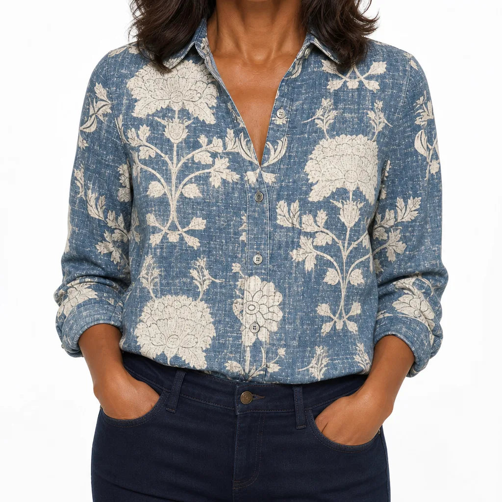 Marlow | Women's Fall Floral Boho Blouse - Color:Blue;Size:XS