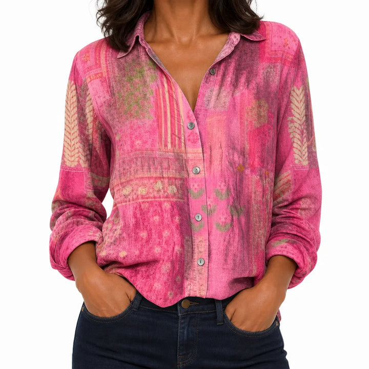 Marlow | Women's Fall Floral Boho Blouse - Color:Pink;Size:XS