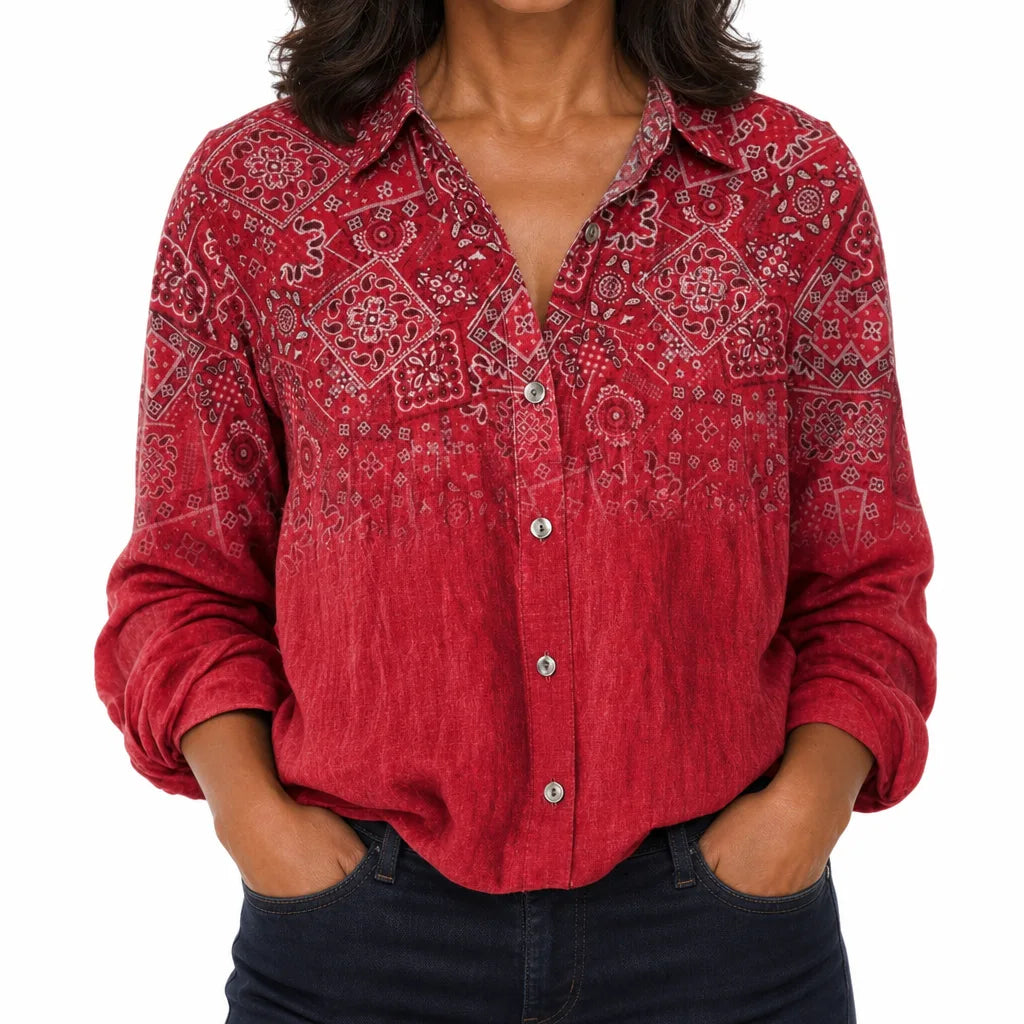Marlow | Women's Fall Floral Boho Blouse - Color:Red;Size:XS