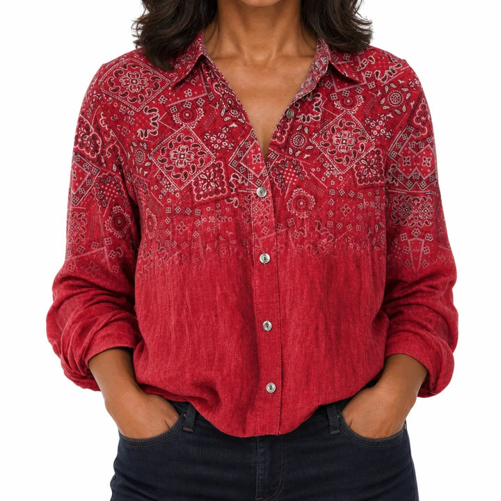 Marlow | Women's Fall Floral Boho Blouse - Color:Red;Size:XS
