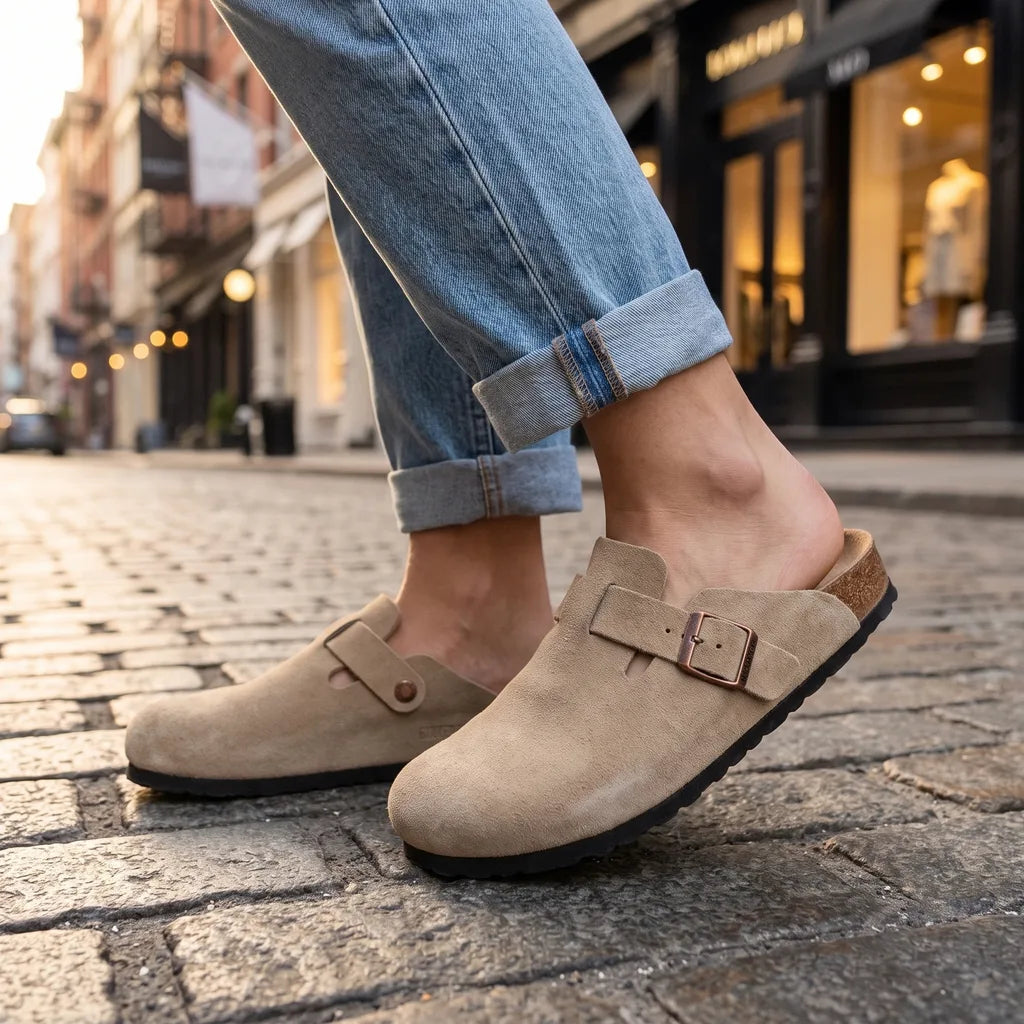Marlowe Suede Buckle Clogs - Color:Beige;Size:35