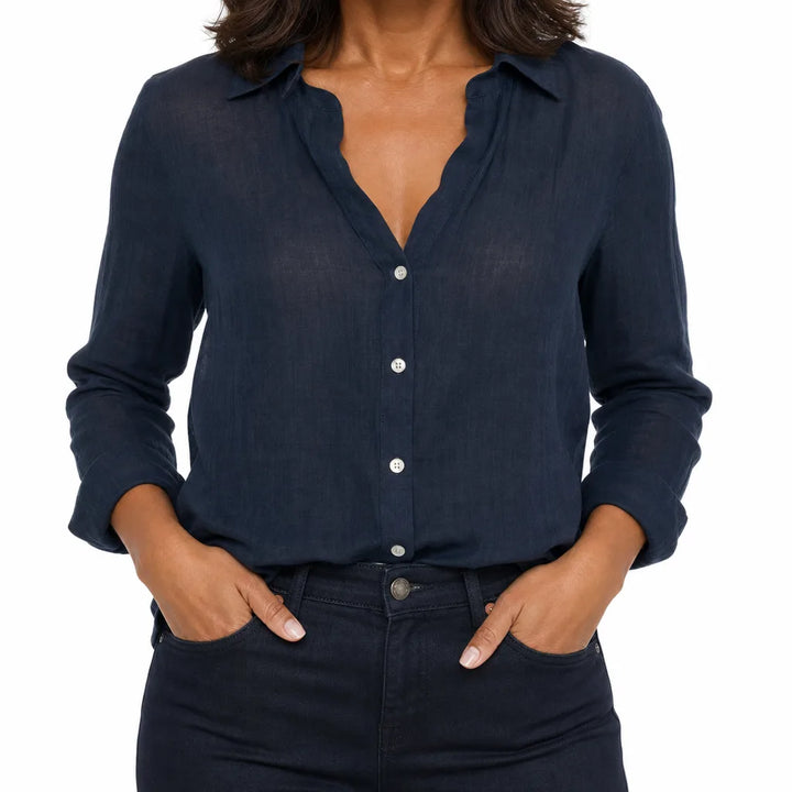 Marlowe | Women's Linen Button-Down Blouse - Color:Black;Size:XS