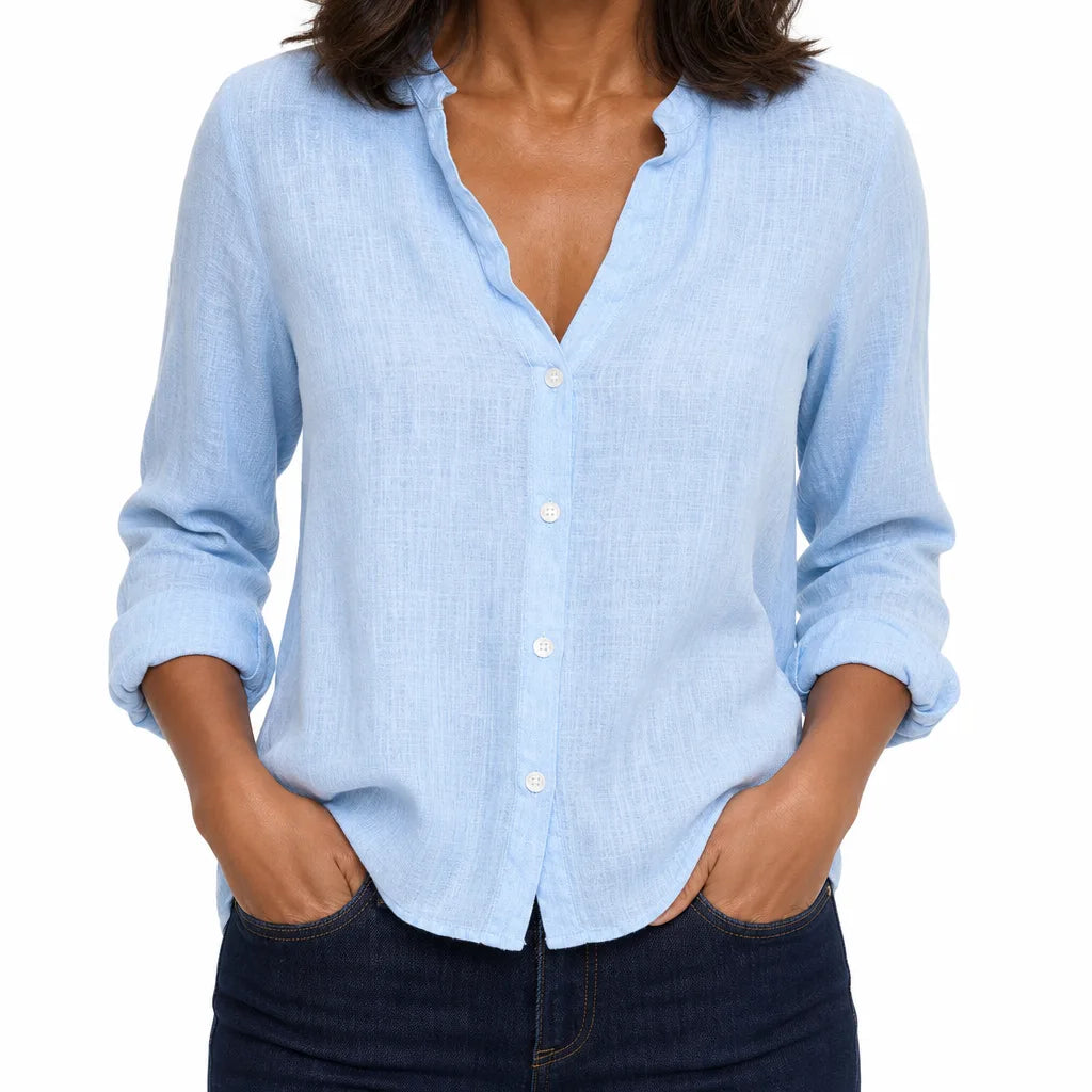 Marlowe | Women's Linen Button-Down Blouse - Color:Blue;Size:XS
