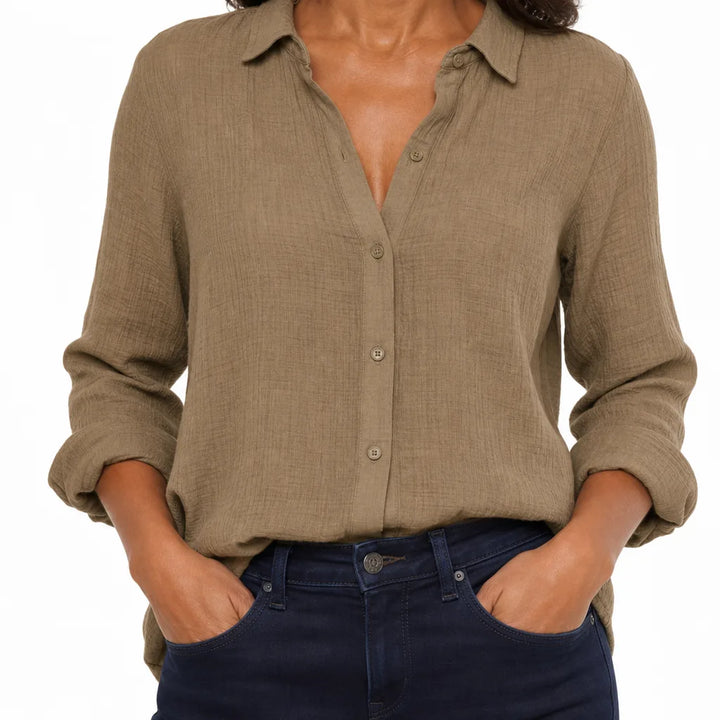 Marlowe | Women's Linen Button-Down Blouse - Color:Brown;Size:XS