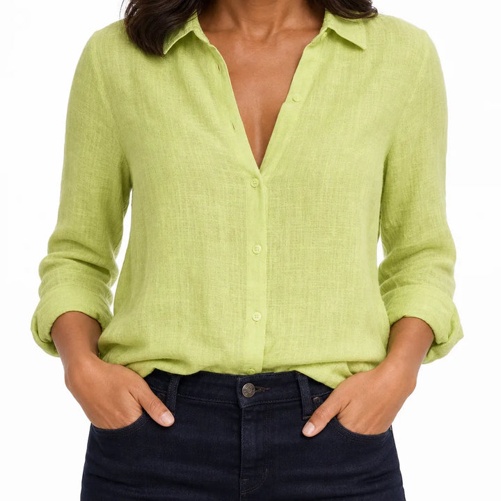 Marlowe | Women's Linen Button-Down Blouse - Color:Green;Size:XS