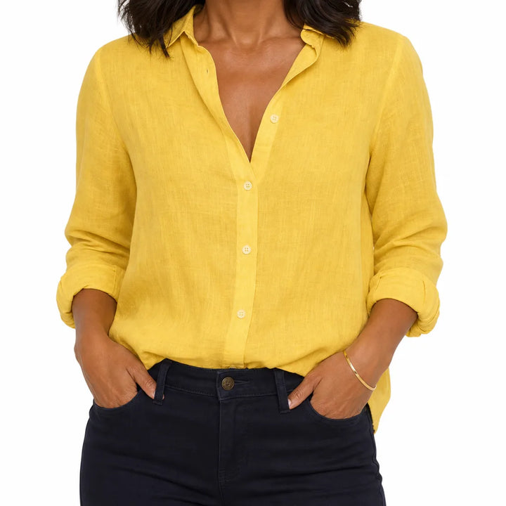 Marlowe | Women's Linen Button-Down Blouse - Color:Yellow;Size:XS