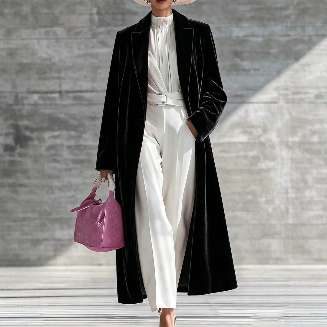 Mary | Women's Long Velvet Winter Coat - Black