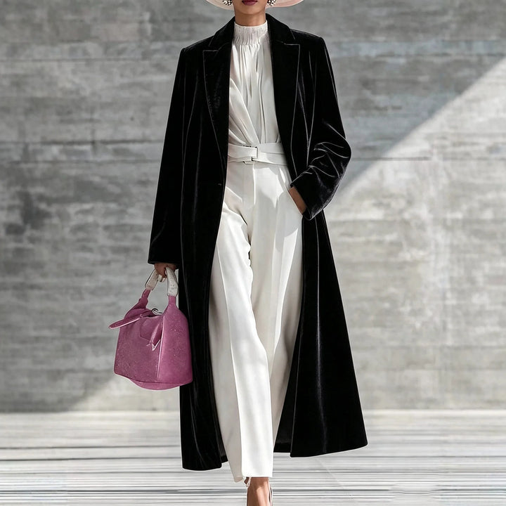 Mary | Women's Long Velvet Winter Coat - Black