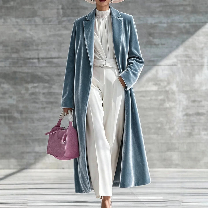 Mary | Women's Long Velvet Winter Coat - Blue