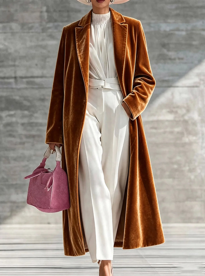 Mary | Women's Long Velvet Winter Coat - Brown