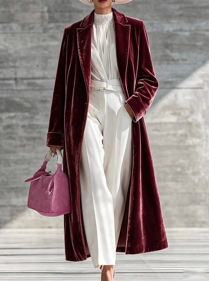 Mary | Women's Long Velvet Winter Coat - Burgundy