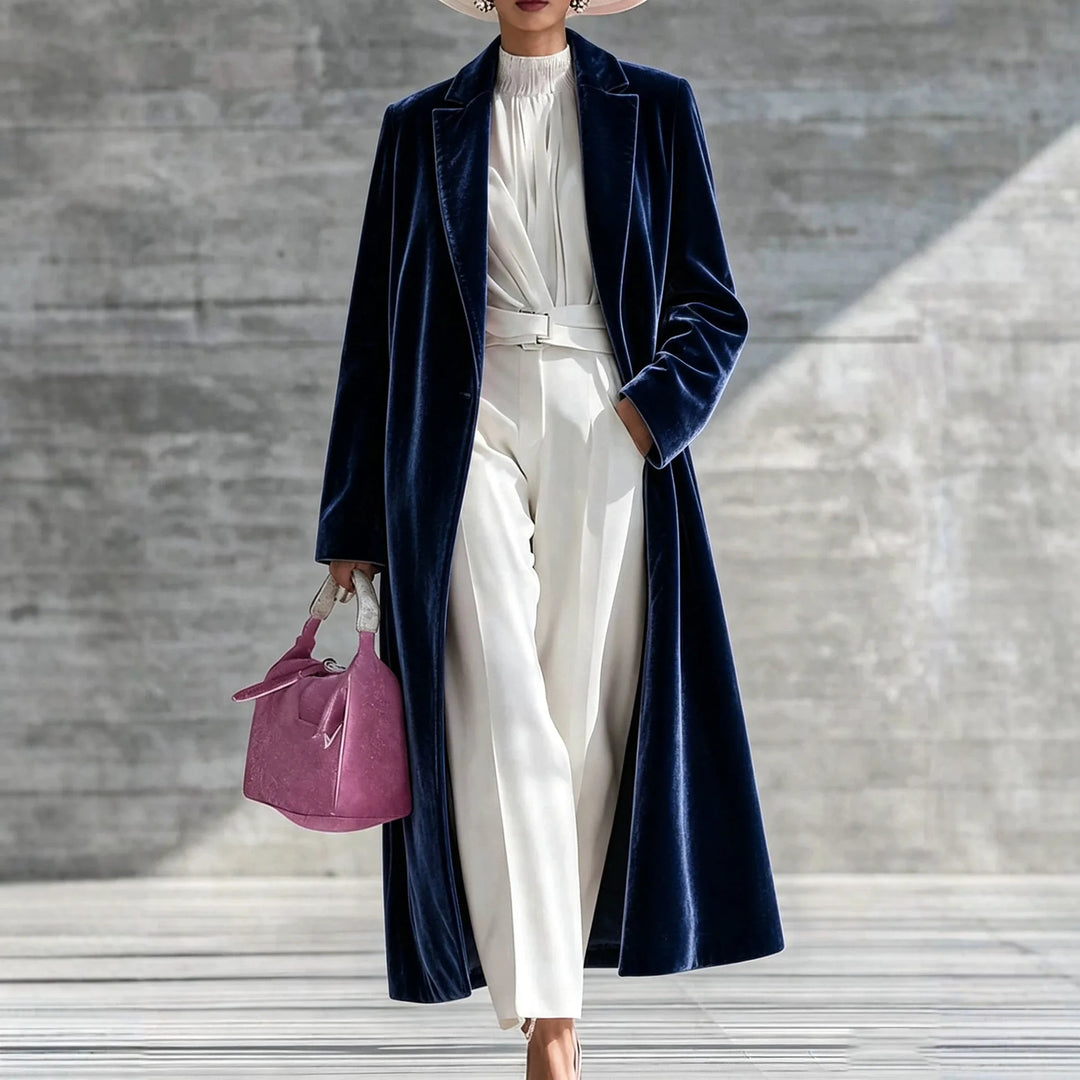 Mary | Women's Long Velvet Winter Coat - Navy