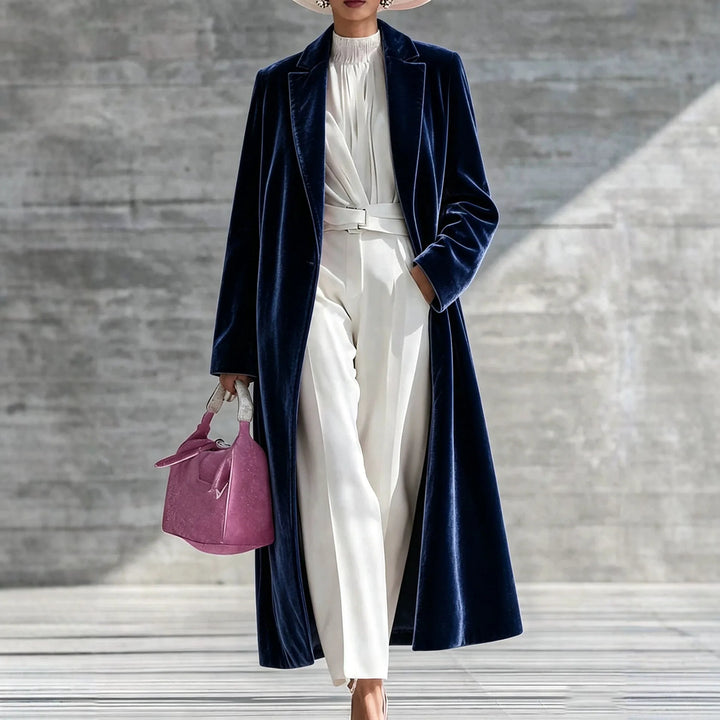 Mary | Women's Long Velvet Winter Coat - Navy