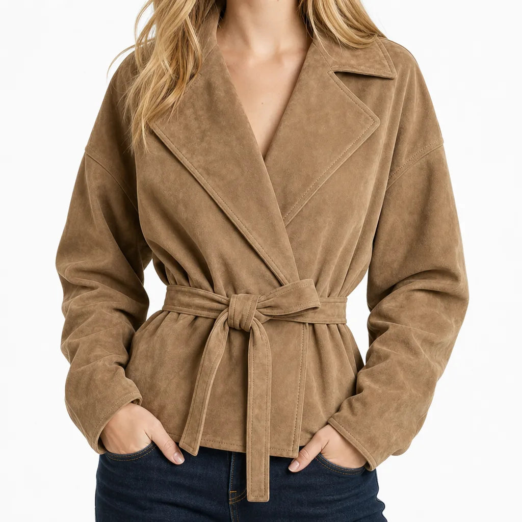 Mathilda | Women's Belted Suede Coat - Color:Beige;Size:XS