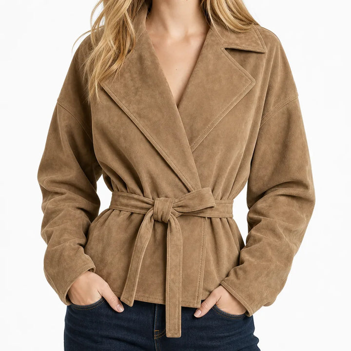 Mathilda | Women's Belted Suede Coat - Color:Beige;Size:XS