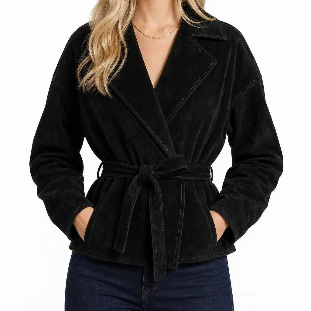 Mathilda | Women's Belted Suede Coat - Color:Black;Size:XS
