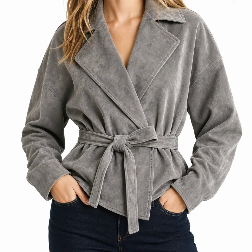 Mathilda | Women's Belted Suede Coat - Color:Gray;Size:XS