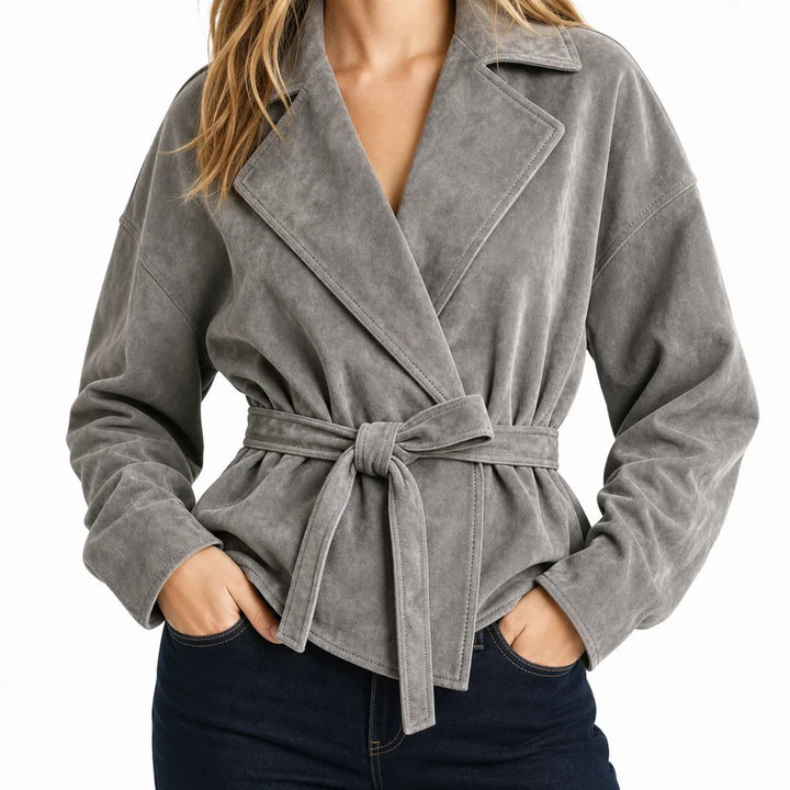 Mathilda | Women's Belted Suede Coat - Color:Gray;Size:XS