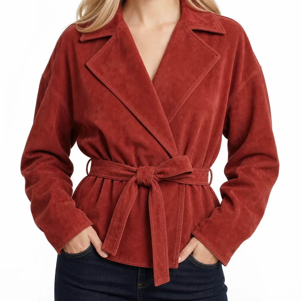 Mathilda | Women's Belted Suede Coat - Color:Red;Size:XS