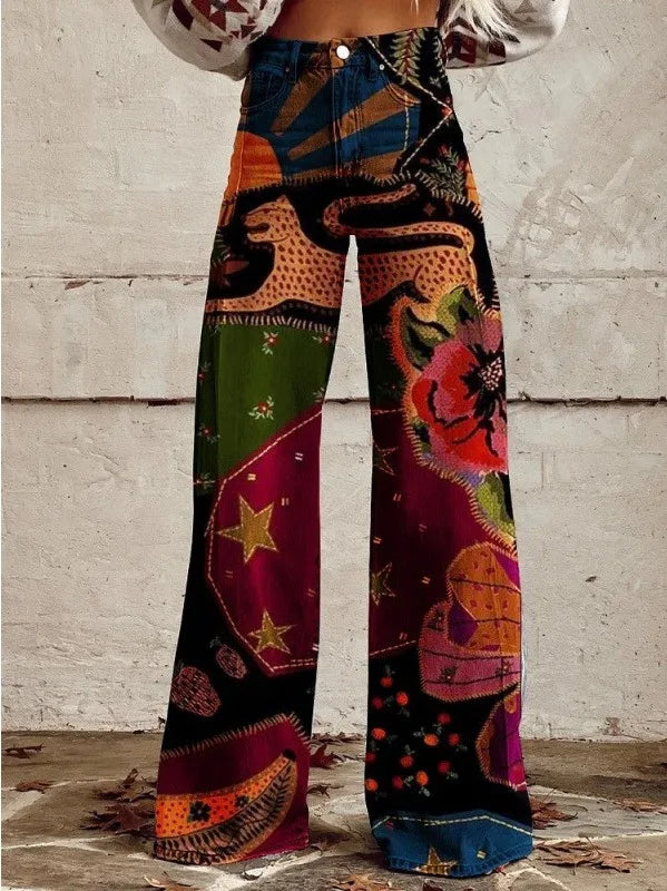 Megan | Women's Boho Wide-Leg Pants - Size:XS;Color:Red