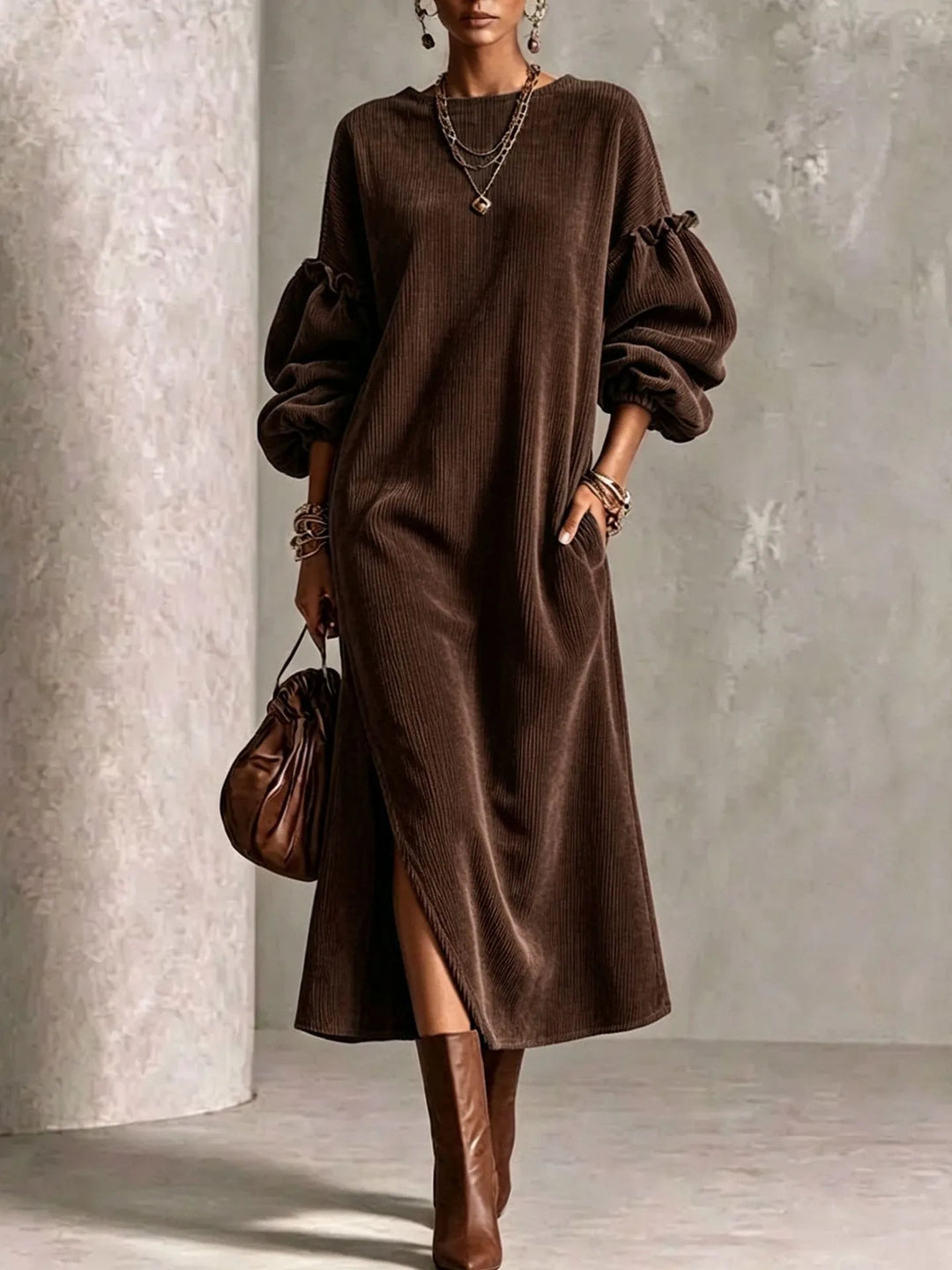 Megan | Women's Puff-Sleeve Maxi Dress - Brown