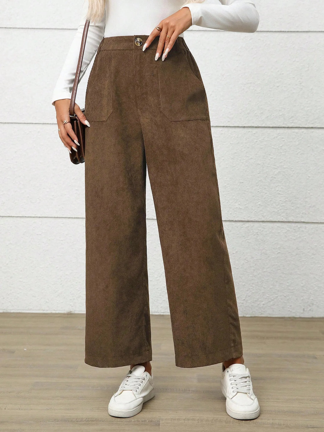 Meghan | Women's High Waist Wide Leg Pants  - Color:Brown;Size:XS