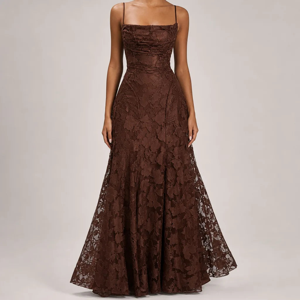 Émilienne | Women's Fall Wedding Guest Maxi Dress - Color:Brown;Size:XXS
