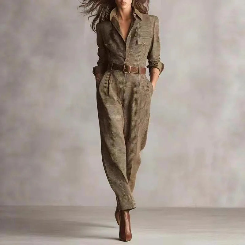 Millie | Women's Formal Plaid Jumpsuit  - Color:Brown;Size:XXS