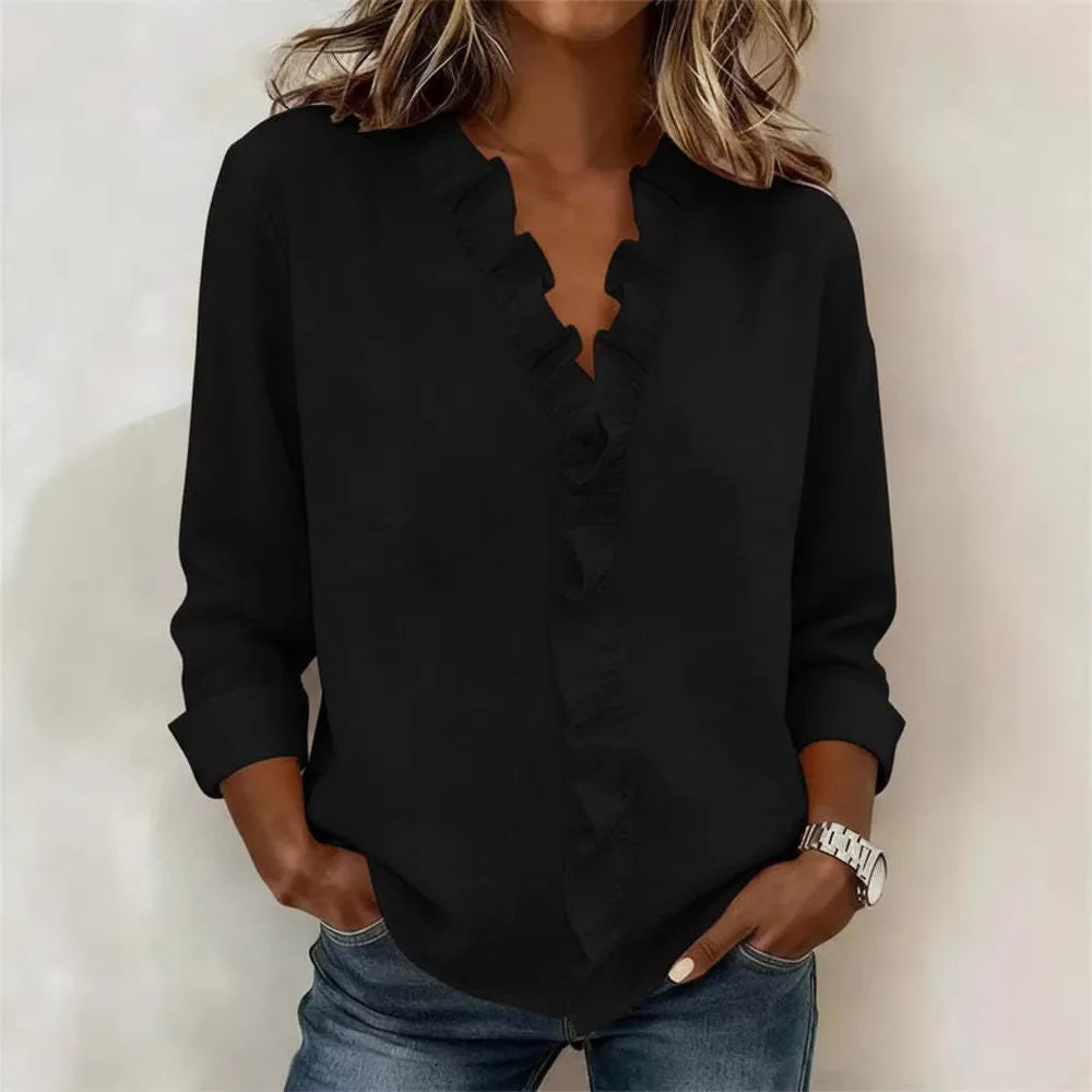 Nancy | Women's Ruffled V-Neck Blouse  - Color:Black;Size:XS