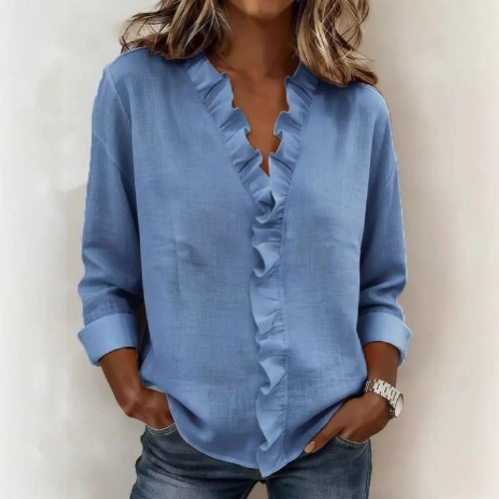 Nancy | Women's Ruffled V-Neck Blouse  - Color:Blue;Size:XS