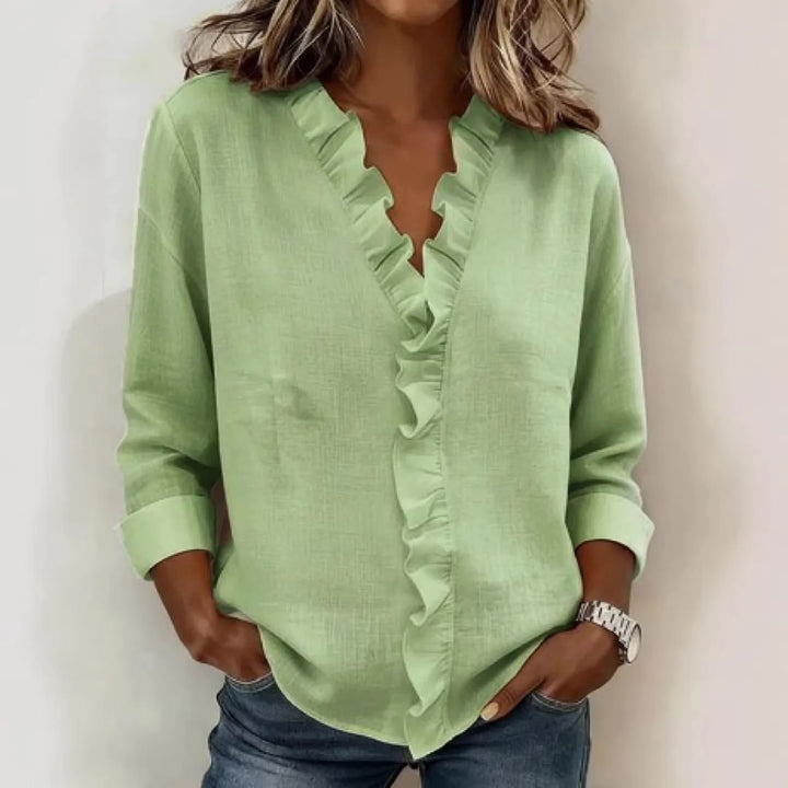 Nancy | Women's Ruffled V-Neck Blouse  - Color:Green;Size:XS