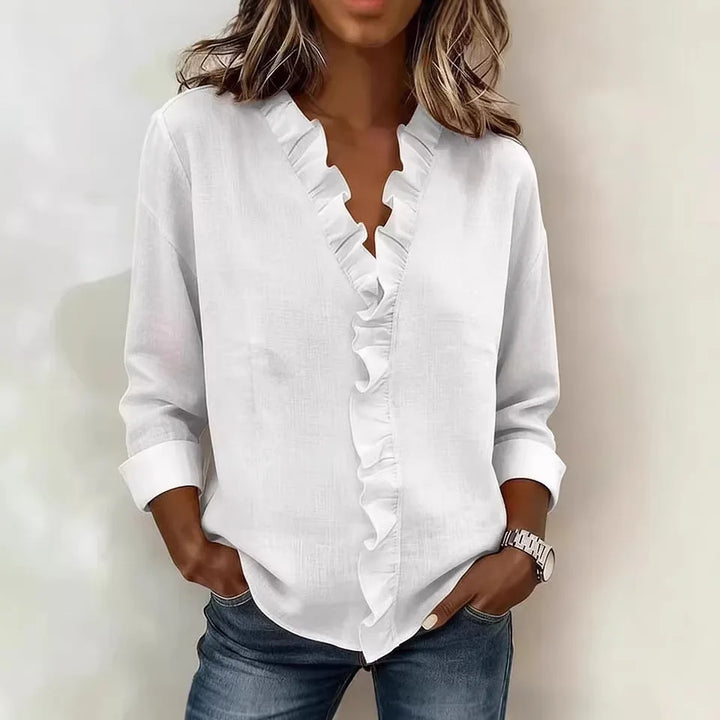 Nancy | Women's Ruffled V-Neck Blouse  - Color:White;Size:XS