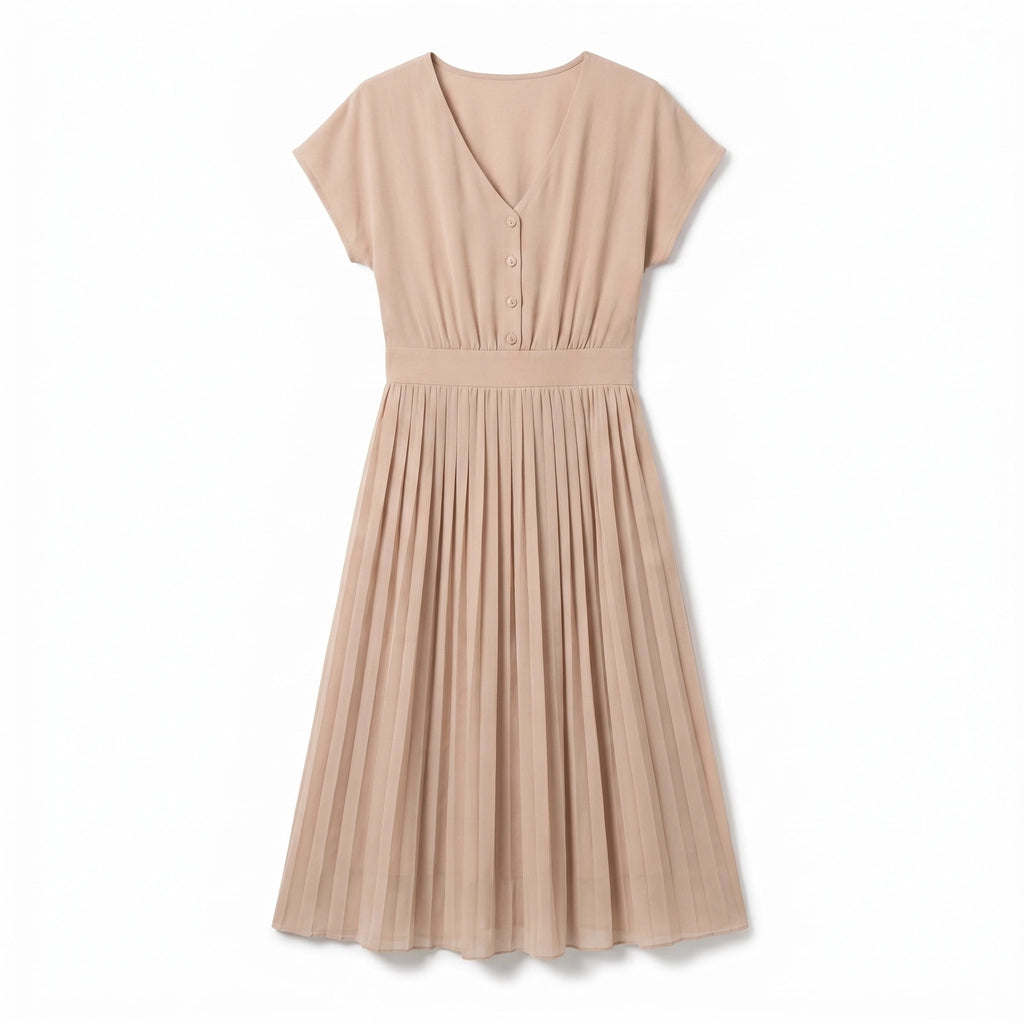 Natalia V-Neck Chiffon Dress - Color:Apricot;Size:S