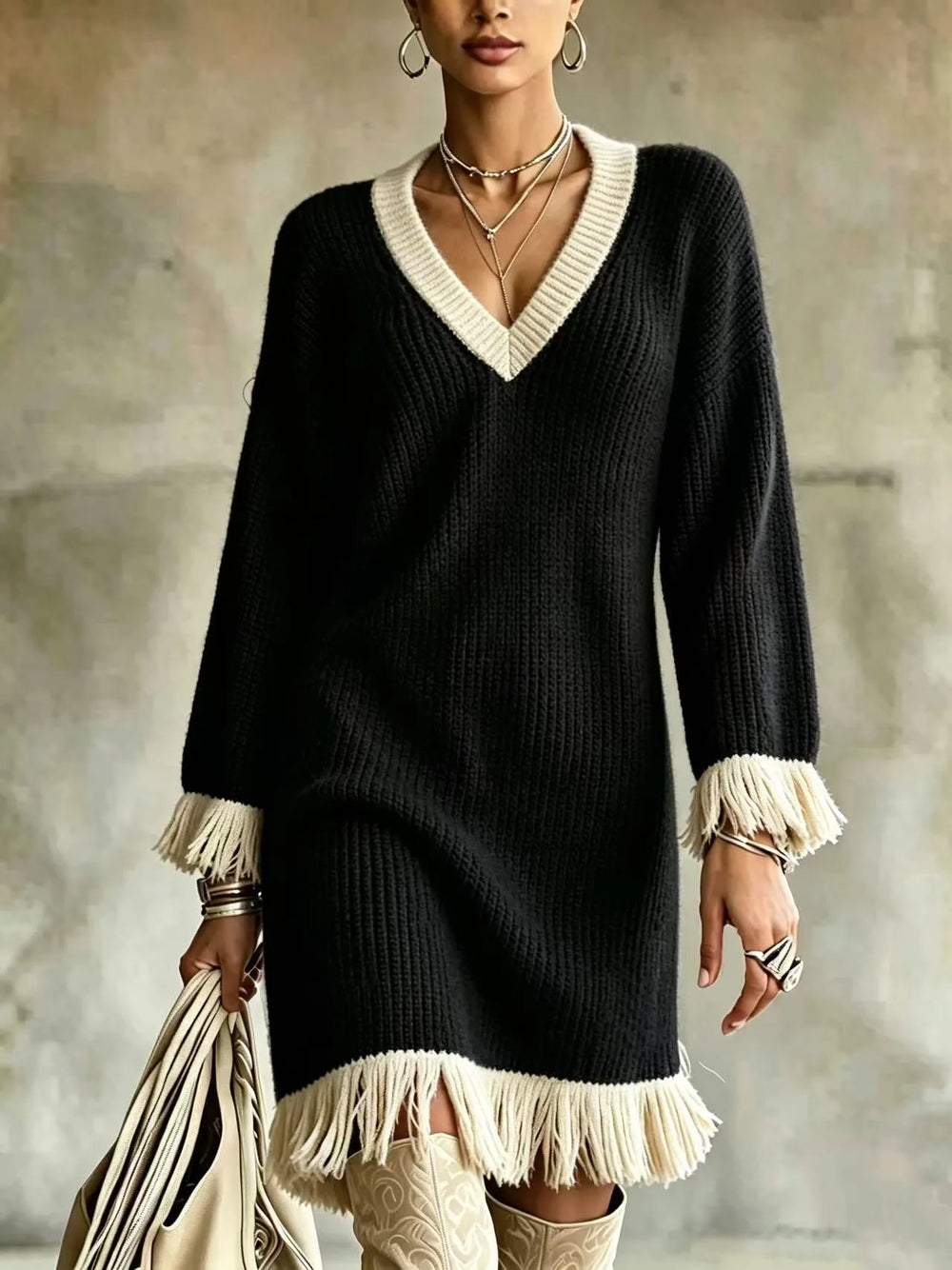 Natasha | Women's Color-Block V-Neck Sweater Dress  - Color:Black;Size:XS