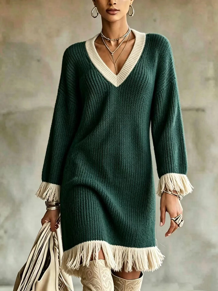 Natasha | Women's Color-Block V-Neck Sweater Dress  - Color:Dark Green;Size:XS