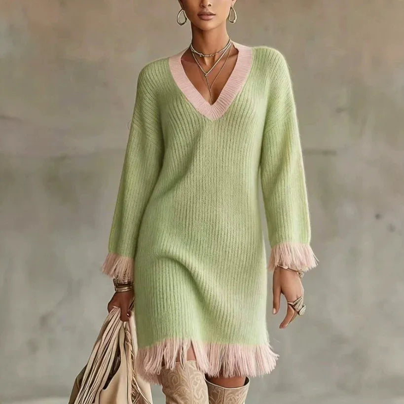 Natasha | Women's Color-Block V-Neck Sweater Dress  - Color:Light Green;Size:XS