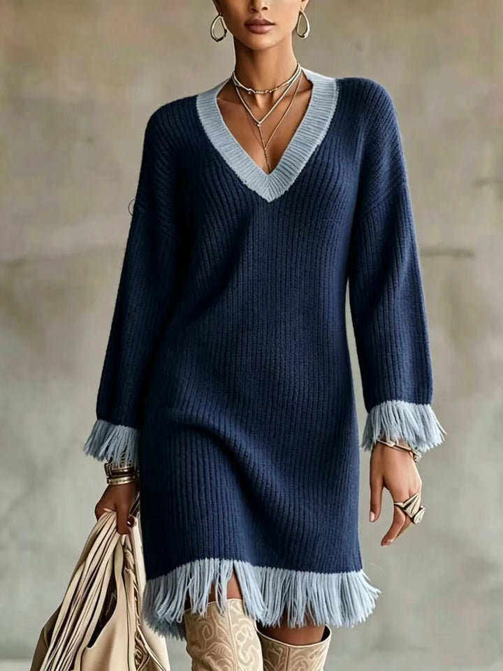 Natasha | Women's Color-Block V-Neck Sweater Dress  - Color:Navy Blue;Size:XS