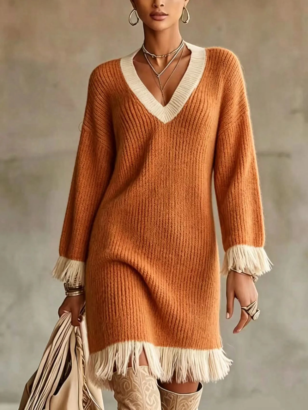 Natasha | Women's Color-Block V-Neck Sweater Dress  - Color:Orange;Size:XS
