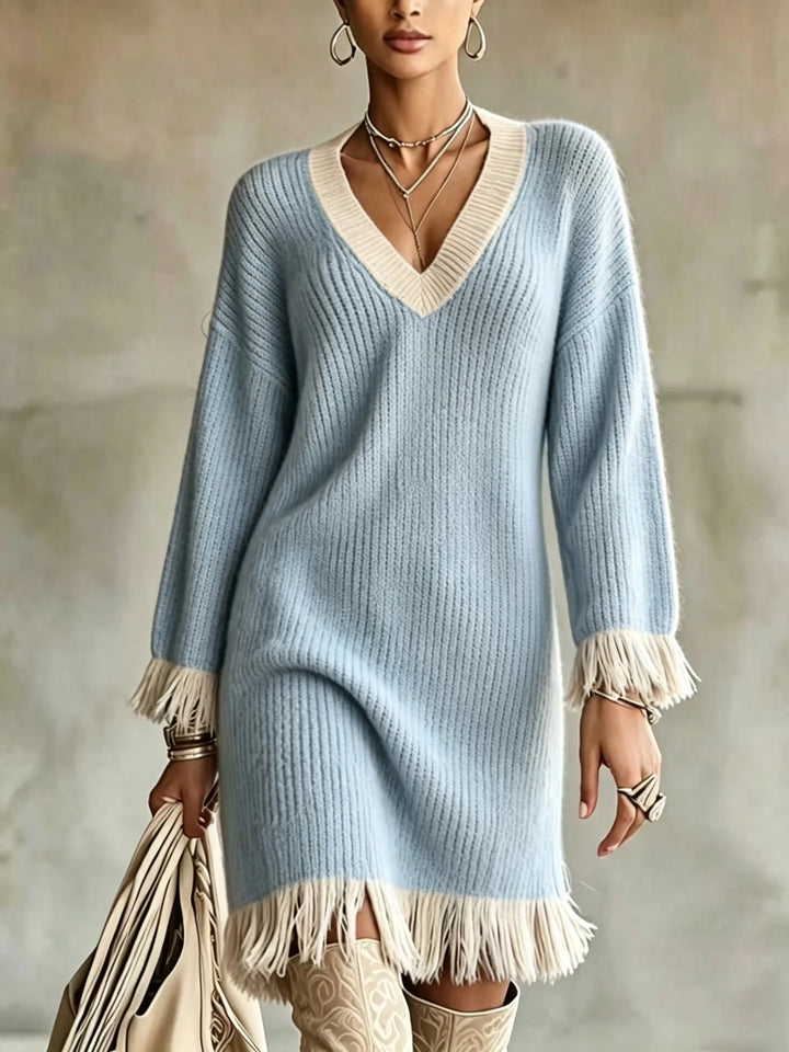 Natasha | Women's Color-Block V-Neck Sweater Dress  - Color:Sky Blue;Size:XS