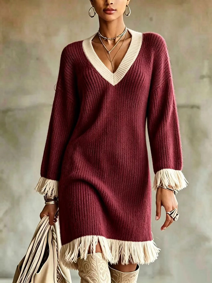 Natasha | Women's Color-Block V-Neck Sweater Dress  - Color:Wine Red;Size:XS