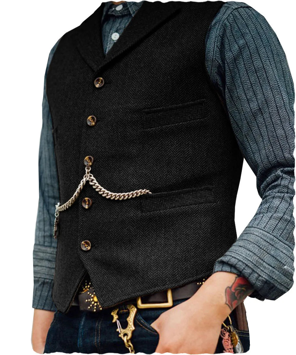 Nico | Men's Herringbone Tailored Vest  - Color:Black;Size:XXS