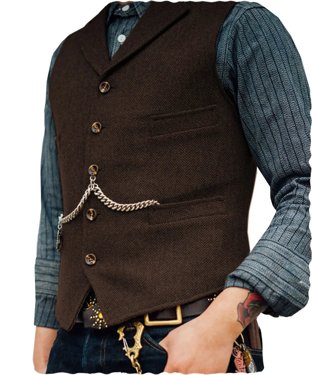Nico | Men's Herringbone Tailored Vest  - Color:Brown;Size:XXS