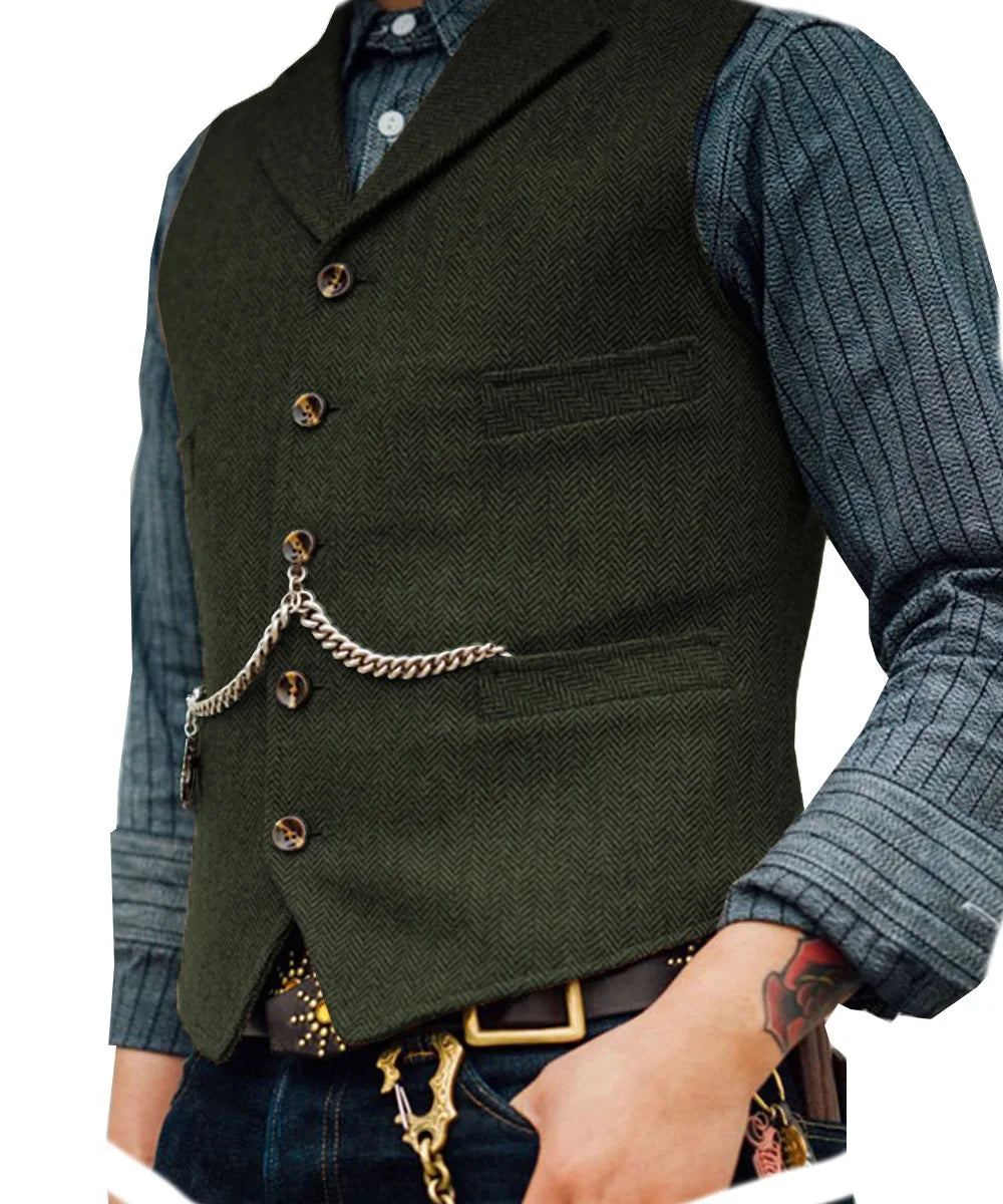 Nico | Men's Herringbone Tailored Vest  - Color:Military Green;Size:XXS